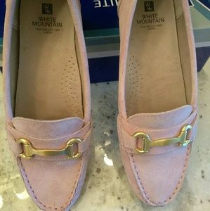 Pink Suede Loafers with Gold Buckle